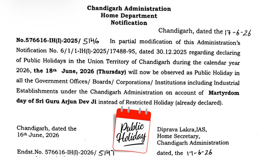 Holiday Alert: 18 जून को चंडीगढ़ में सार्वजनिक अवकाश घोषित, प्रशासन ने जारी किए आदेश